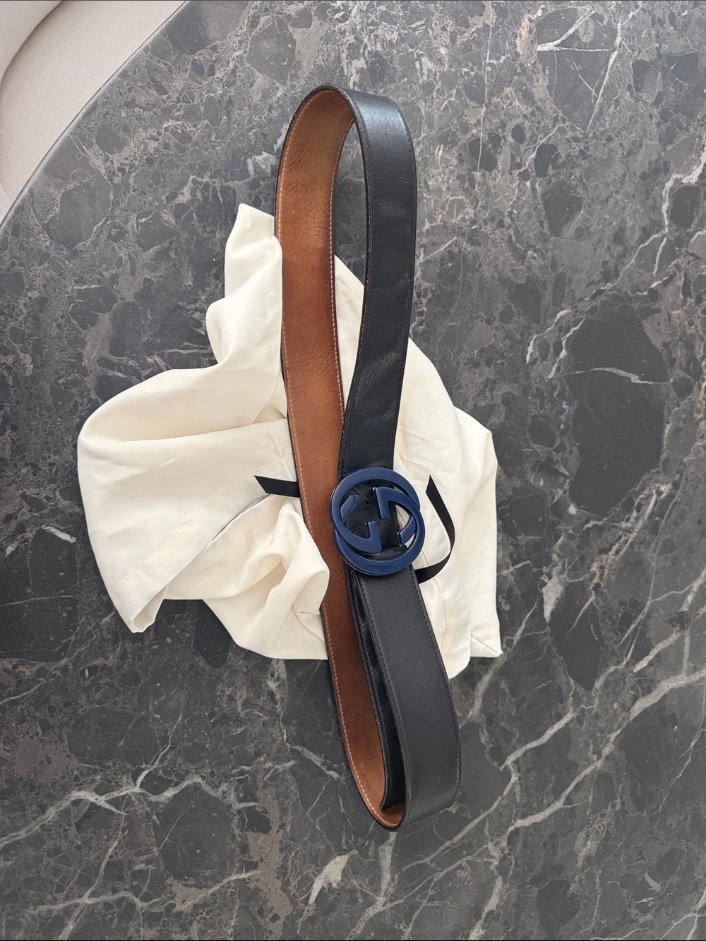 Black Leather Belt with Navy Interlocking Buckle